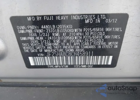 2012 Subaru Forester 2.5X z USA, uszkodzony, nr VIN JF2SHABC8CH458911